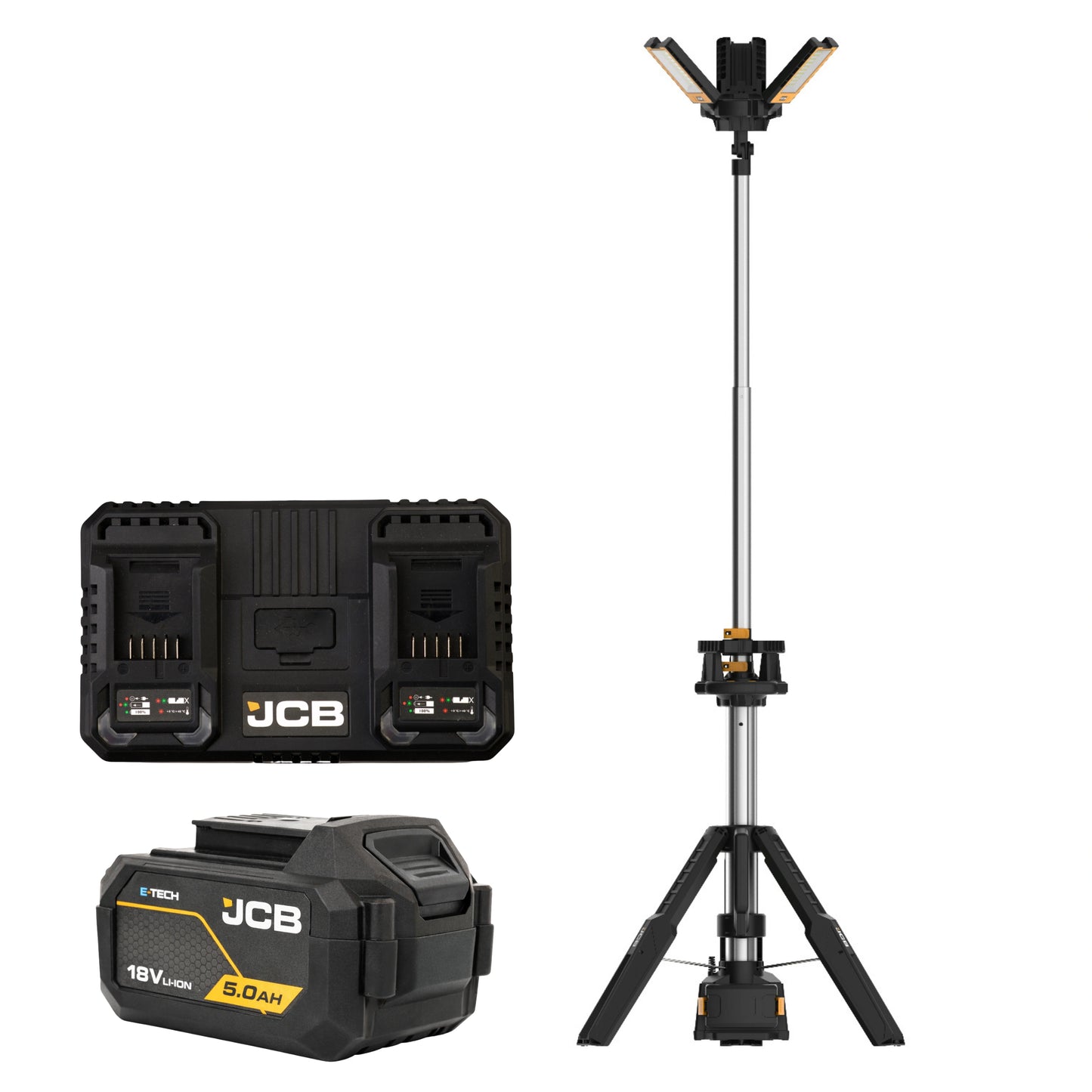 Lampy budowlane akumulatorowe JCB 8400 lm – lampa budowlana na statywie, widok produktu