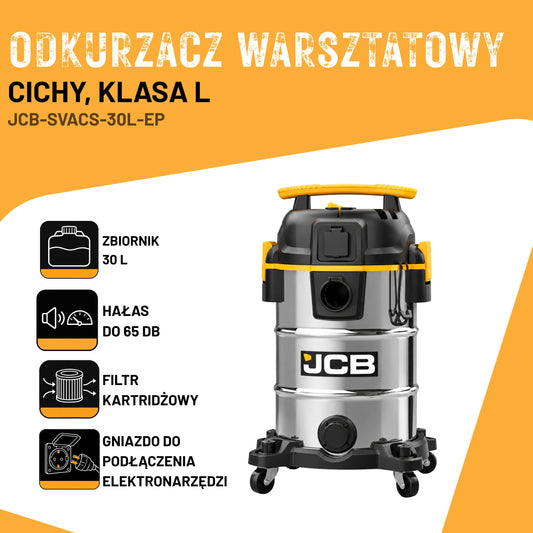 Промисловий пилосос JCB Tools 30 л для сухого та вологого прибирання 750 Вт антистатичний з розеткою для електроінструменту