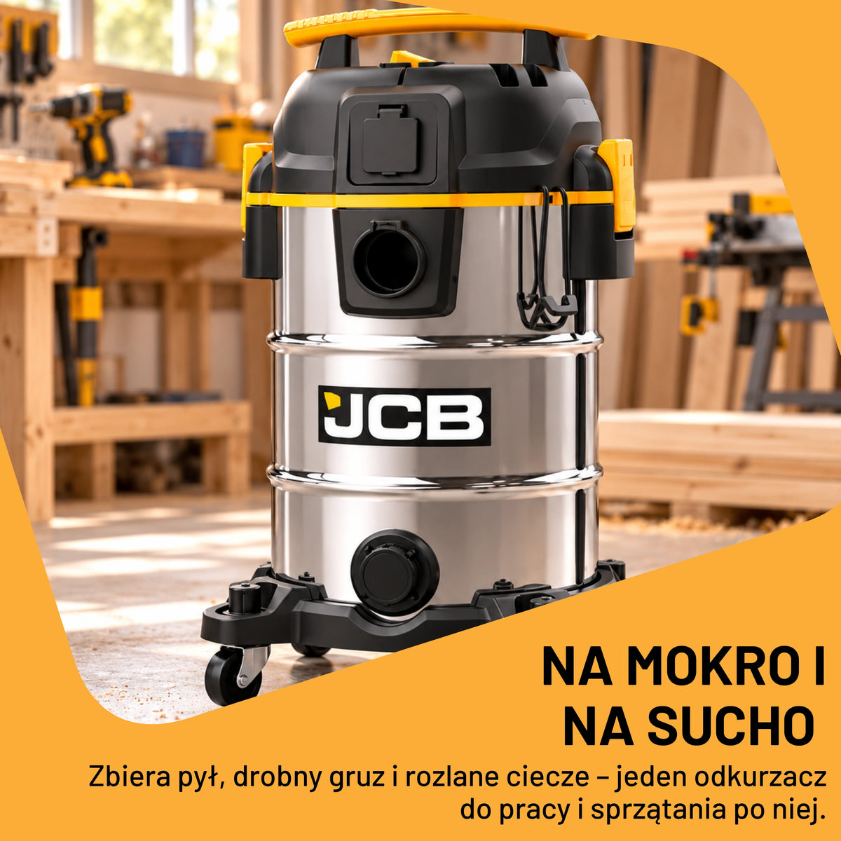 Odkurzacz przemysłowy JCB JCB-SVACS-30L-EP 30 L ze zbiornikiem ze stali nierdzewnej i gniazdem do elektronarzędzi – zdjęcie 6