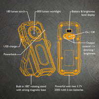 Lampa robocza LED JCB 800 lm dla mechaników i techników serwisowych - lampa warsztatowa akumulatorowa 2 w 1