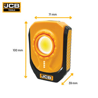 Lampa robocza JCB z oznaczonymi wymiarami 100 × 71 × 39 mm