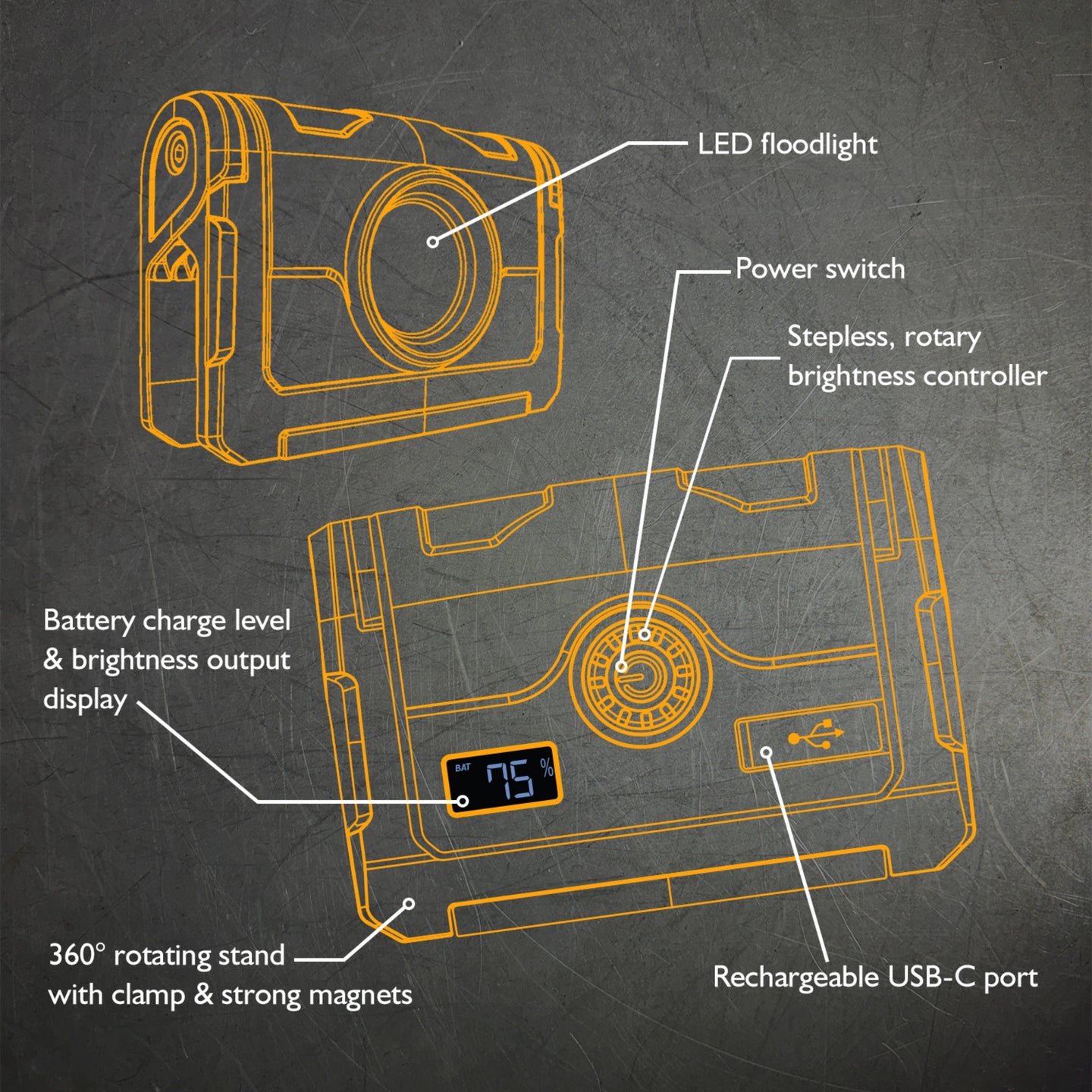 Grafika techniczna lampy roboczej JCB z oznaczonymi elementami konstrukcji
