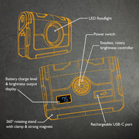 Grafika techniczna lampy roboczej JCB z oznaczonymi elementami konstrukcji