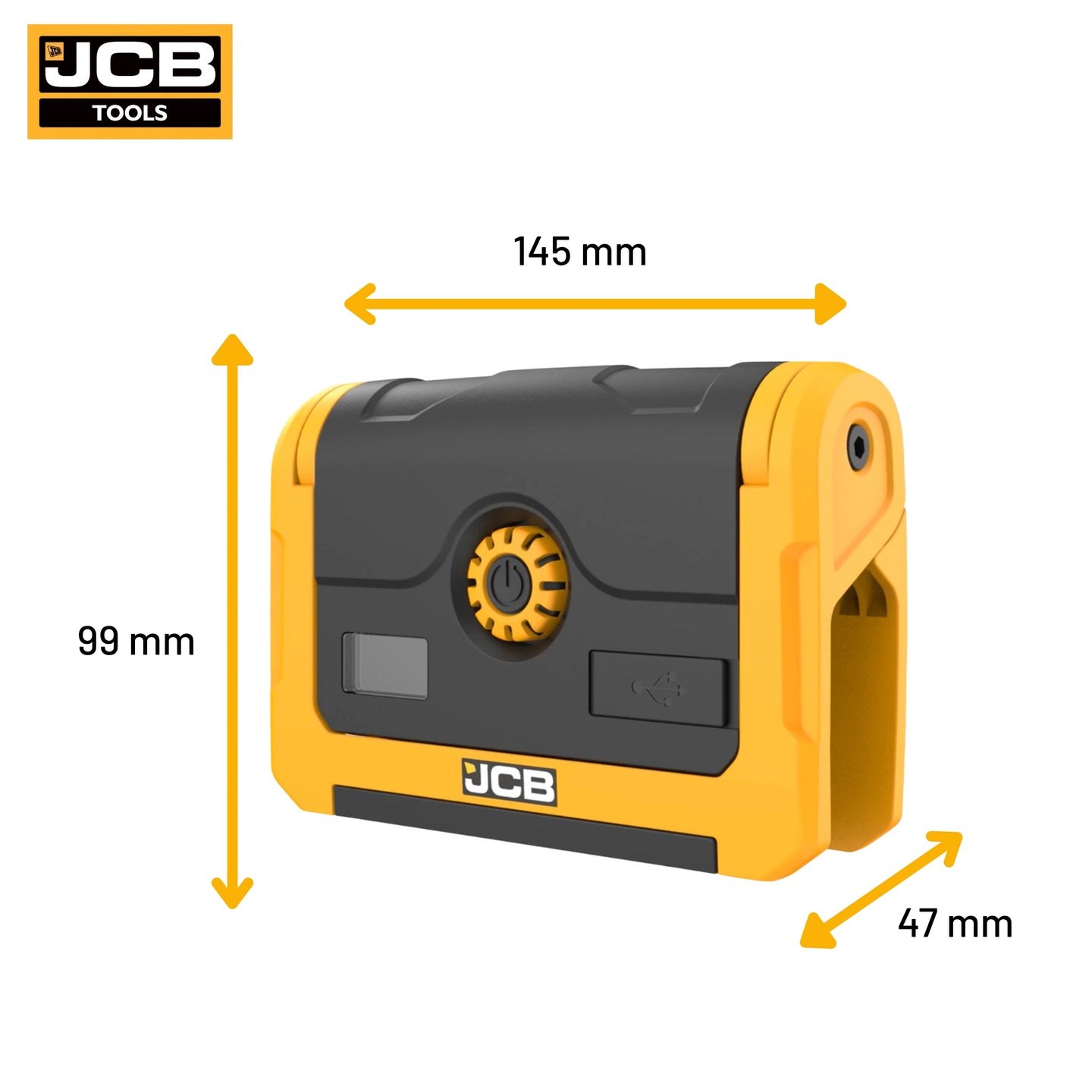 Grafika lampy roboczej JCB z oznaczonymi wymiarami 145 × 99 × 47 mm