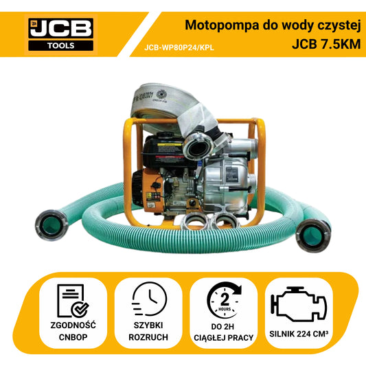 Kompletny Zestaw Motopompa Spalinowa 80mm 3" JCB Tools 7,5KM do wody czystej (1000l/min) +WĄŻ SSAWNY, WĄŻ TŁOCZNY CNBOP + NASADA