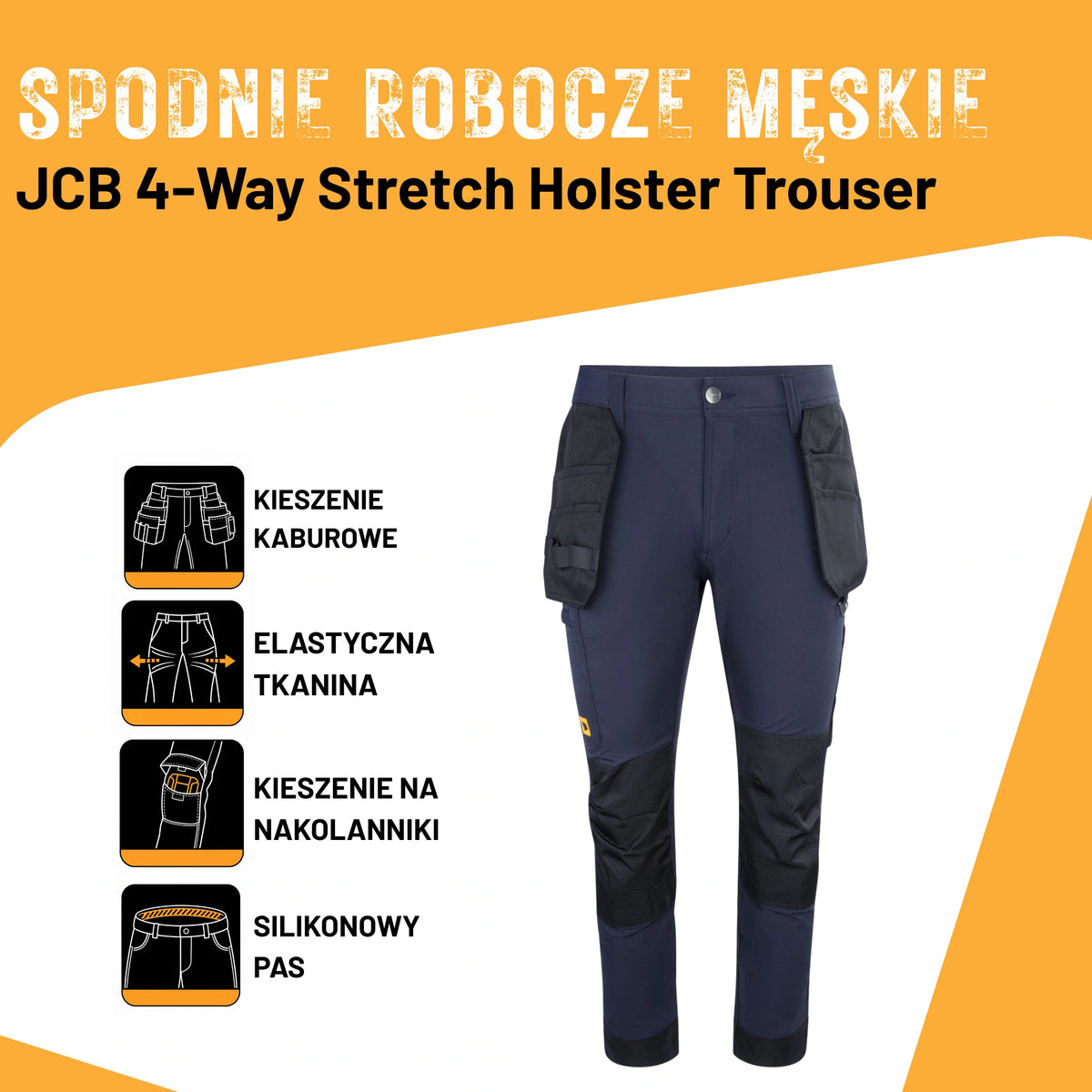 JCB Workwear Spodnie Robocze 4-Way Stretch z Kieszeniami Kaburowymi