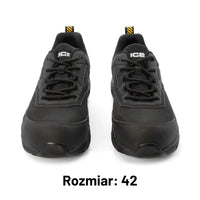 Para półbutów roboczych JCB Cagelow 2 S1PS czarnych z logo JCB, widok z przodu, etykieta Rozmiar 42