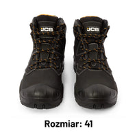 Para butów roboczych JCB Backhoe 2 S3L czarnych z logo JCB, widok z przodu, etykieta Rozmiar 41
