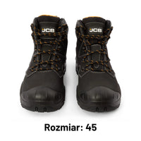 Para butów roboczych JCB Backhoe 2 S3L czarnych z logo JCB, widok z przodu, etykieta Rozmiar 45