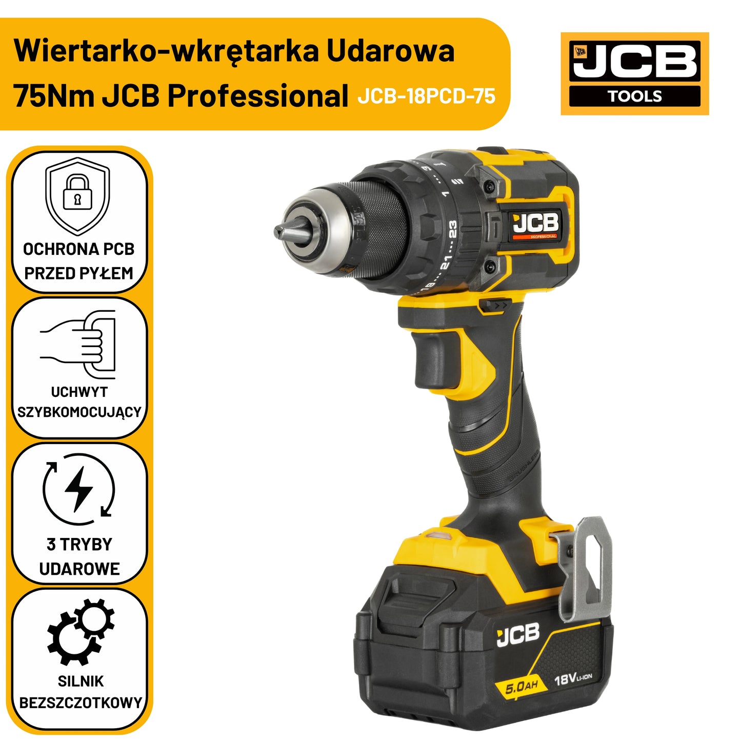 Wiertarko wkrętarka udarowa JCB Professional 75Nm JCB 18PCD 75 na żółtym banerze z ikonami ochrony PCB, uchwytu, trybów udarowych i silnika bezszczotkowego