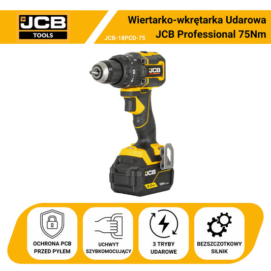 JCB Professional 18V Wiertarko-Wkrętarka 75Nm Zestaw Ładowarka 4,5A Bateria 4Ah Walizka