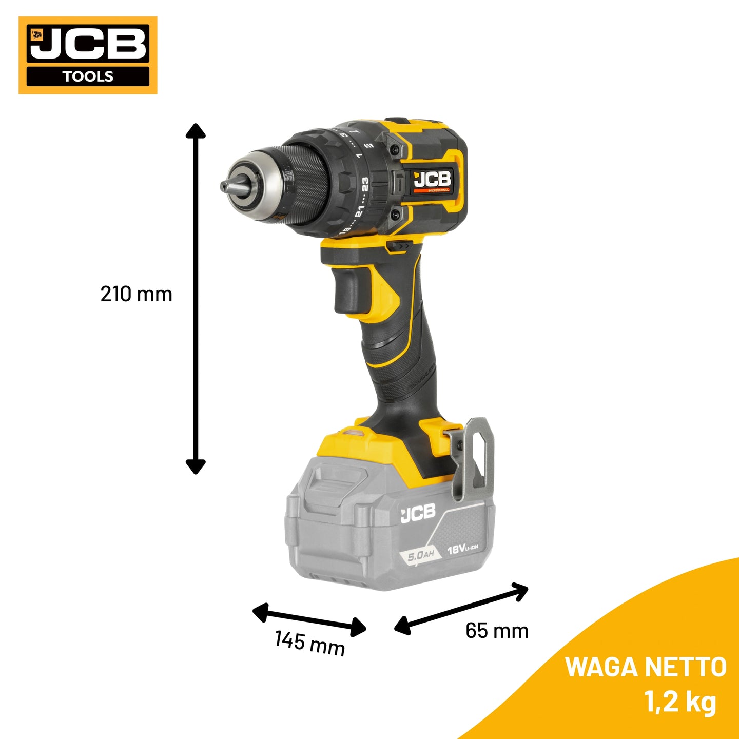 Wiertarko wkrętarka akumulatorowa 75 Nm JCB Professional JCB 18PCD 75 z wymiarami 210×145×65 mm oraz informacją o wadze netto 1,2 kg 