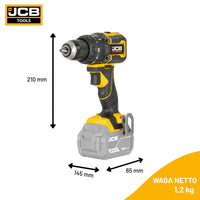 Wiertarko wkrętarka akumulatorowa 75 Nm JCB Professional JCB 18PCD 75 z wymiarami 210×145×65 mm oraz informacją o wadze netto 1,2 kg 