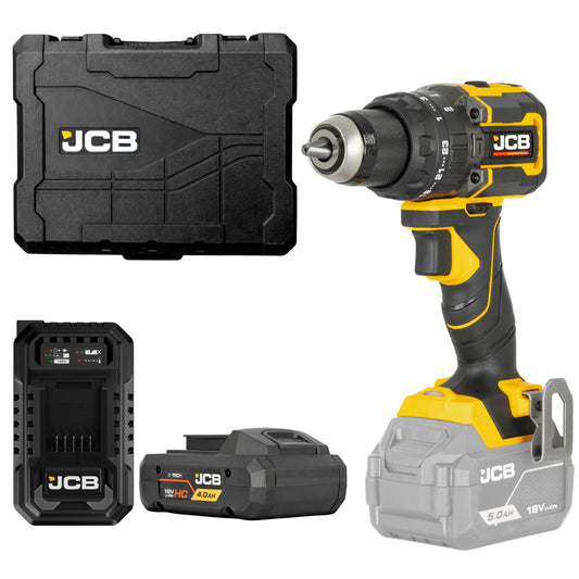 Zestaw JCB Professional Wiertarko-wkrętarka udarowa JCB-18PCD-75 18V 75Nm po lewej czarna walizka z logiem JCB obok bateria Li-ion 5.0Ah i ładowarka fast 4,5A