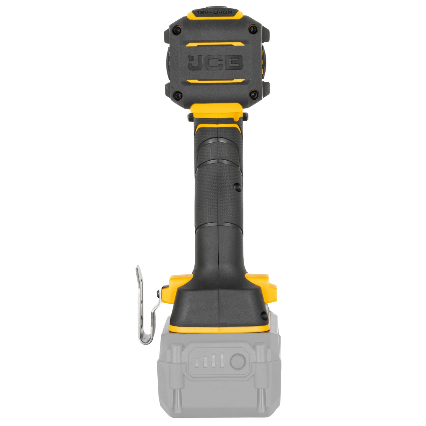 Wiertarko wkrętarka akumulatorowa 75 Nm JCB Professional JCB 18PCD 75 w ujęciu od tyłu z logiem JCB metalowym zaczepem do paska oraz podłączonym akumulatorem