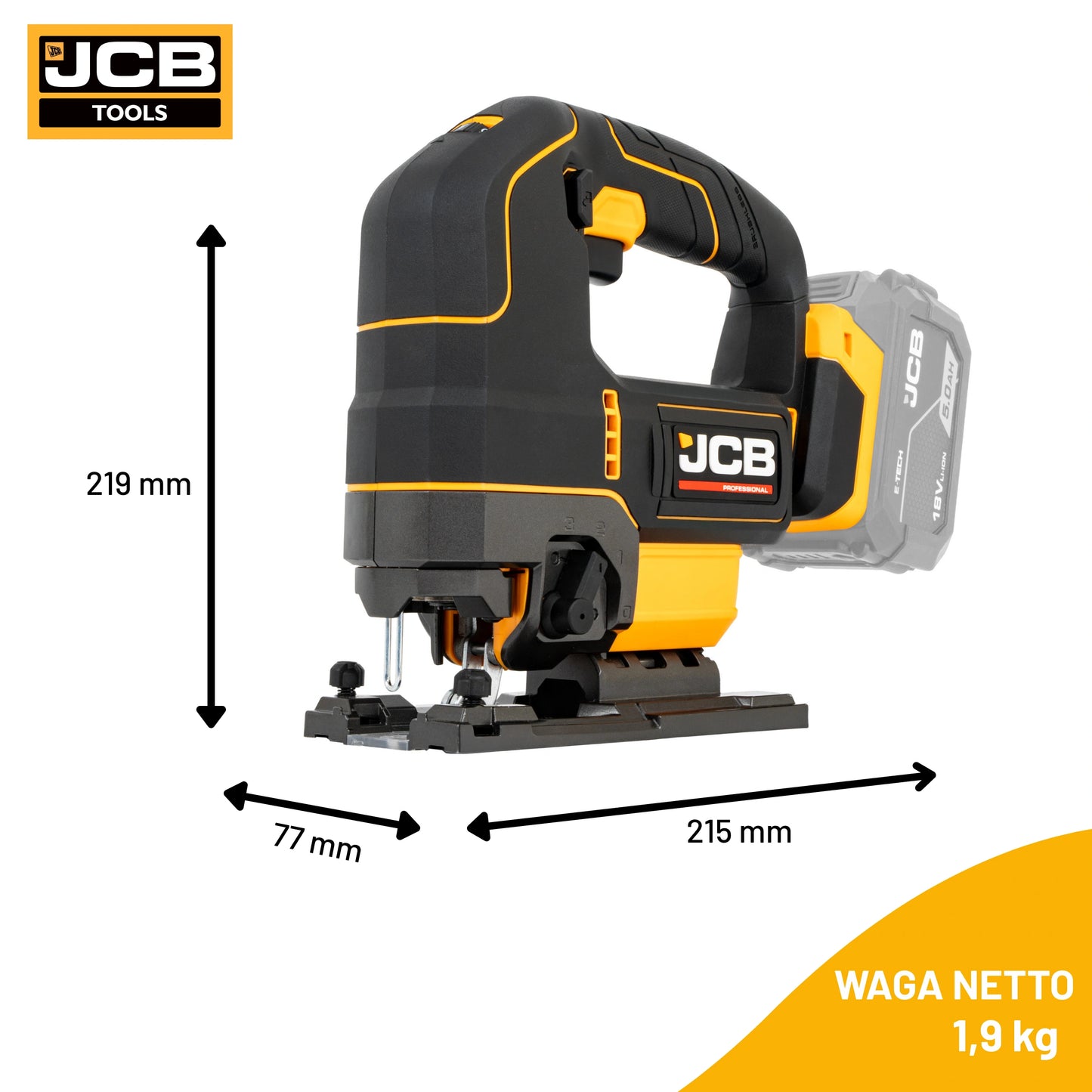 Wyrzynarka JCB 18V etykieta wymiary wysokość 219 mm szerokość 77 mm długość 215 mm waga netto 1,9 kg