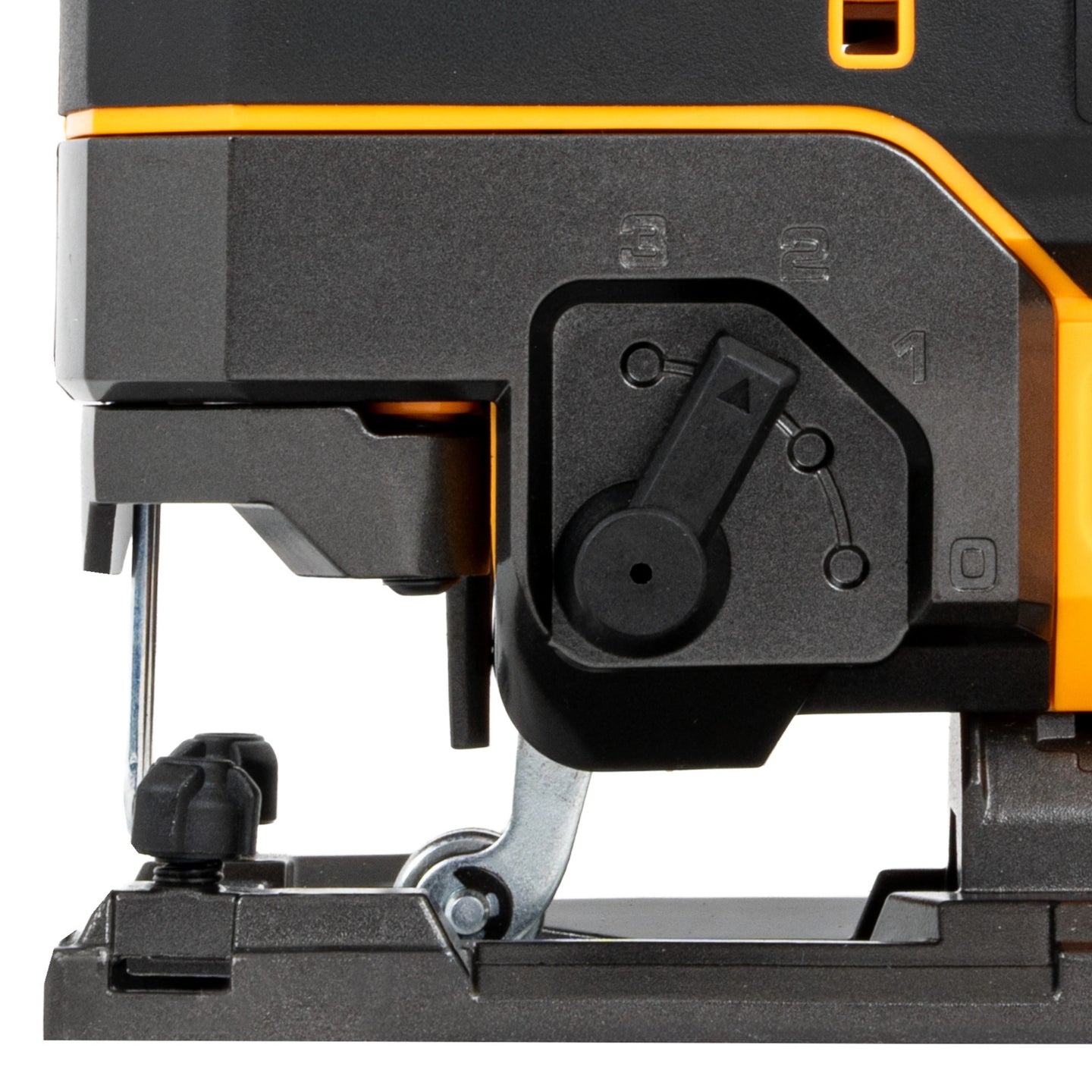 Wyrzynarka JCB 18V detal dźwignia ruchu wahadłowego z oznaczeniami 0 1 2 3