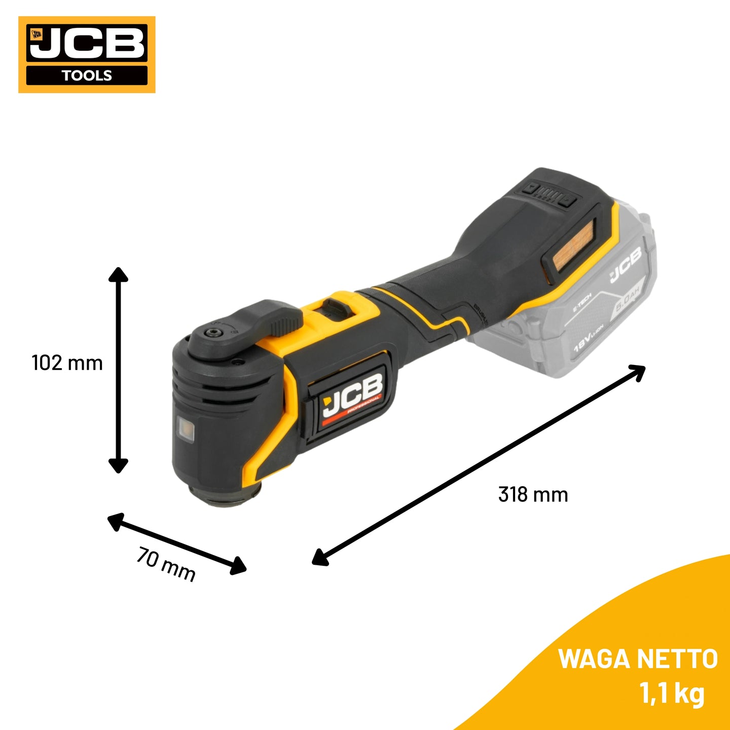 Multinarzędzie JCB 18V z oznaczonymi wymiarami 318 mm 102 mm 70 mm i wagą netto 1,1 kg
