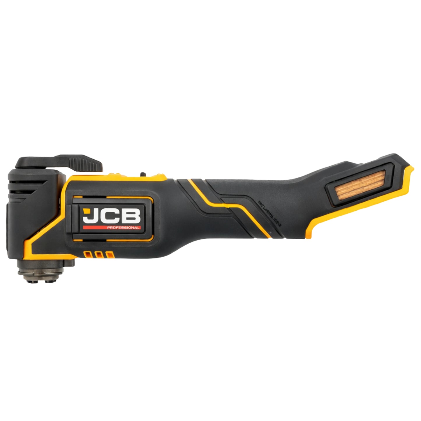 Multitool JCB 18V ujęcie z boku czarno żółty korpus i przedni uchwyt osprzętu