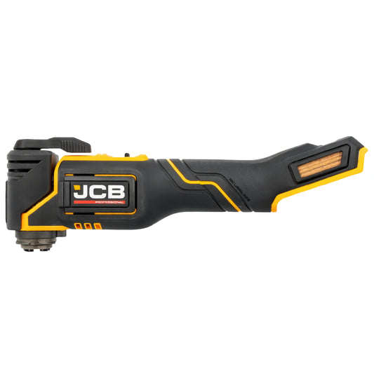 Multitool JCB 18V ujęcie z boku czarno żółty korpus i przedni uchwyt osprzętu