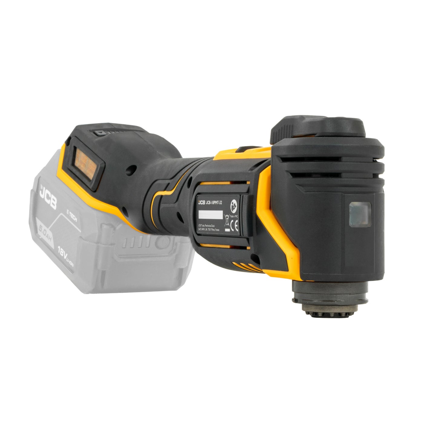 Multinarzędzie JCB 18V ujęcie z przodu widoczna głowica wentylacja i zamontowany akumulator
