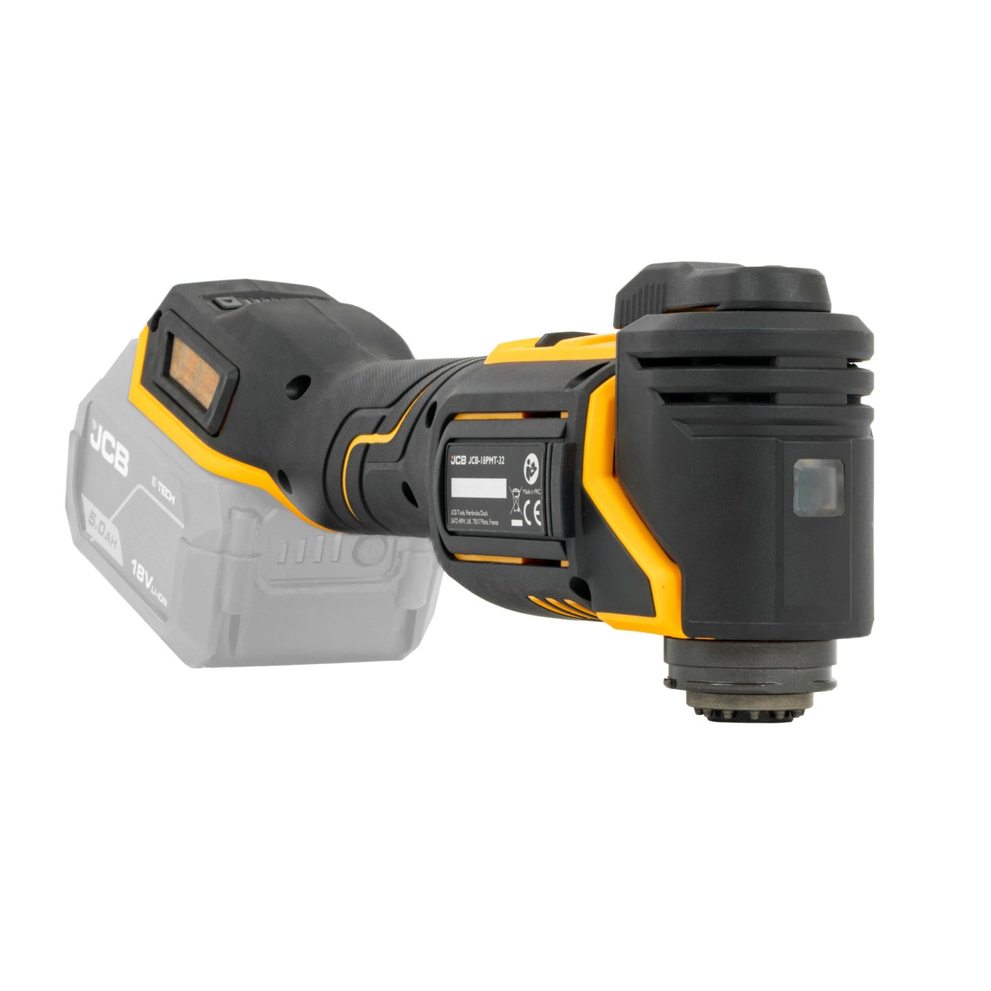 Multinarzędzie JCB 18V ujęcie z przodu widoczna głowica wentylacja i zamontowany akumulator
