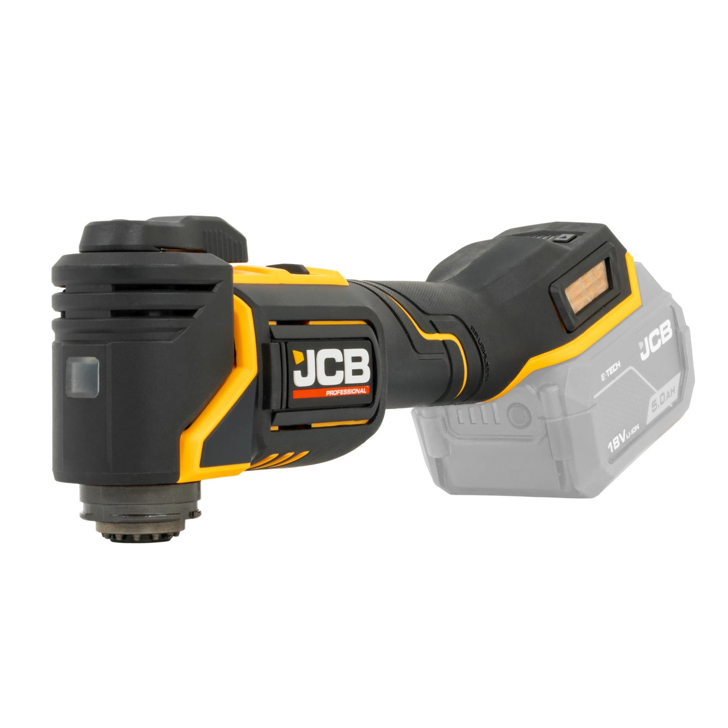 Multitool JCB 18V ujęcie z przodu pod skosem widoczna głowica i zamontowany akumulator
