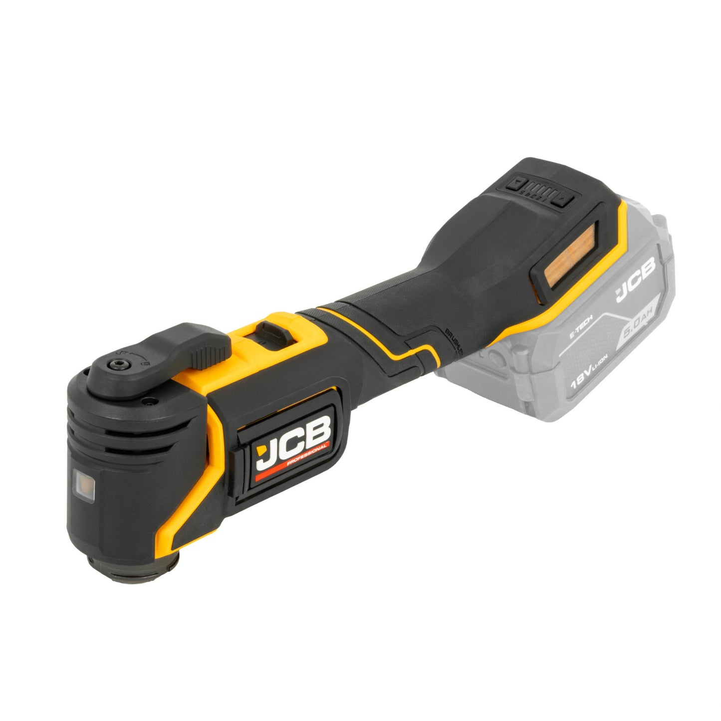 Multitool JCB 18V ujęcie pod skosem widoczna głowica wentylacja i zamontowany akumulator
