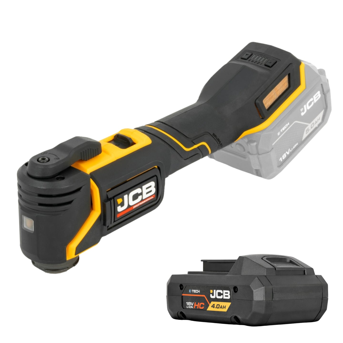 Multinarzędzie JCB 18V ujęcie z przodu pod skosem oraz osobno akumulator 4.0Ah HC
