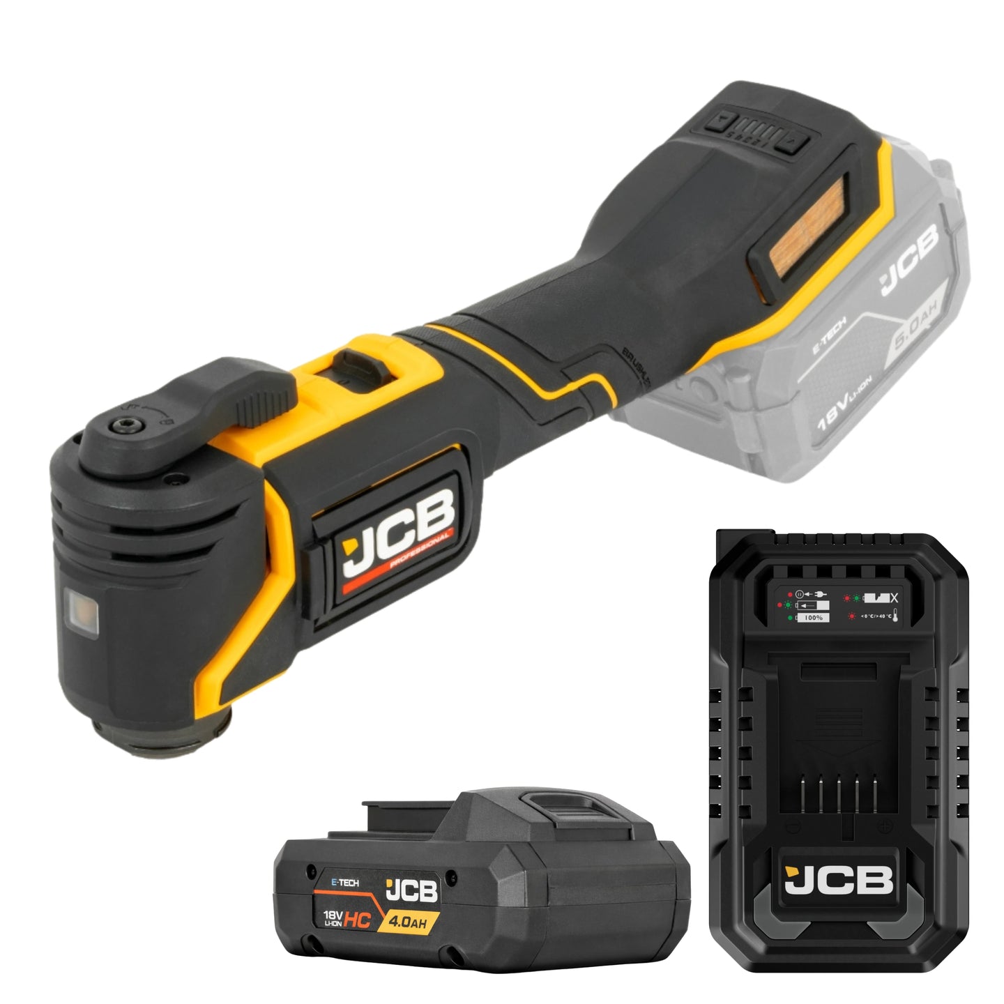 Multinarzędzie JCB 18V ujęcie pod skosem oraz osobno akumulator 4.0Ah HC i szybka ładowarka
