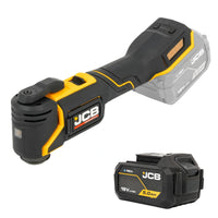Multinarzędzie JCB 18V ujęcie z przodu pod skosem oraz osobno akumulator 5.0Ah
