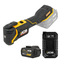 Multinarzędzie JCB 18V ujęcie pod skosem oraz osobno akumulator 5.0Ah i szybka ładowarka
