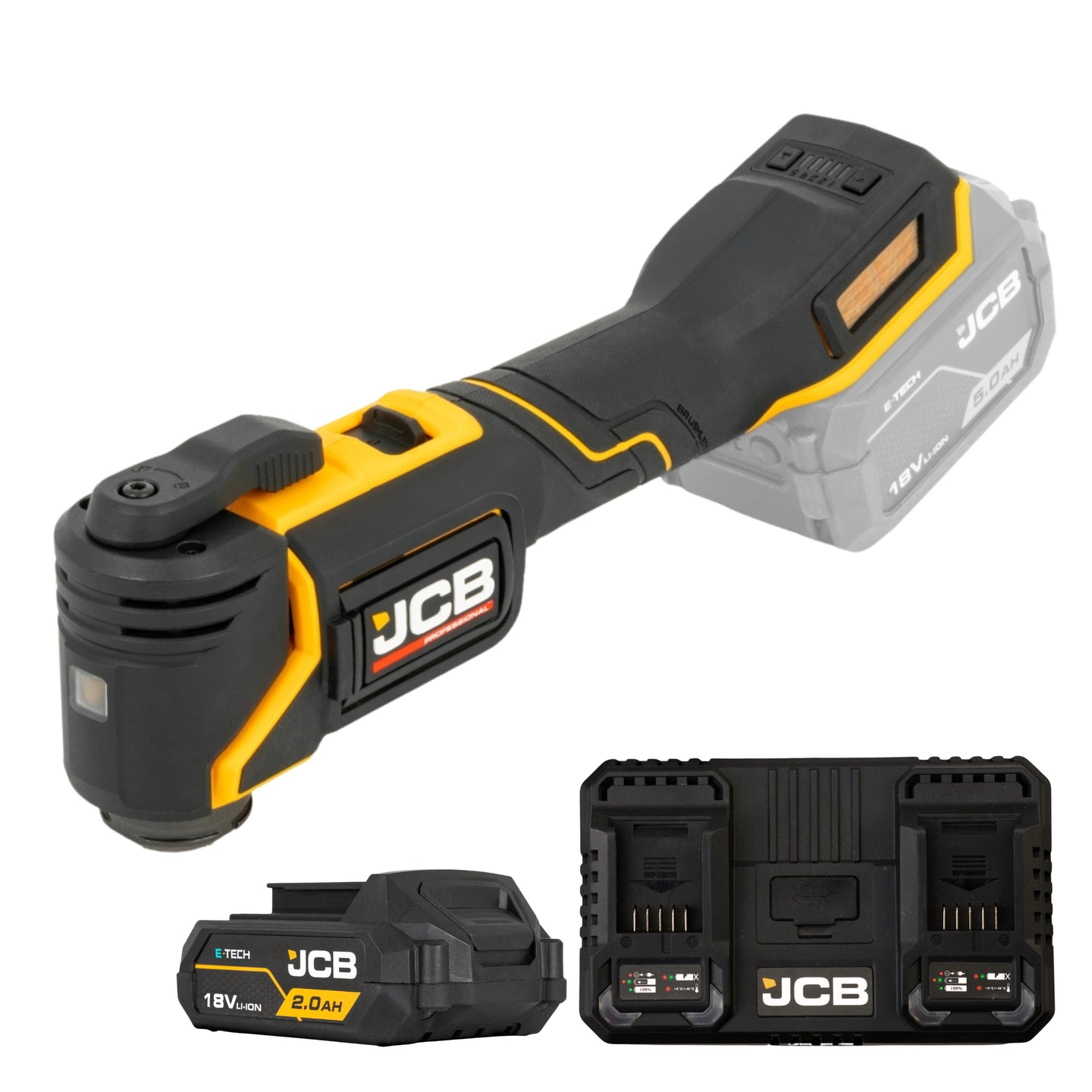 Multinarzędzie JCB 18V ujęcie pod skosem oraz osobno akumulator 2.0Ah i podwójna szybka ładowarka
