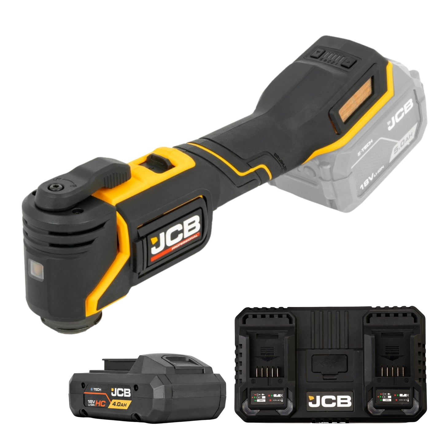 Multinarzędzie JCB 18V ujęcie pod skosem oraz osobno akumulator 4.0Ah HC i podwójna szybka ładowarka