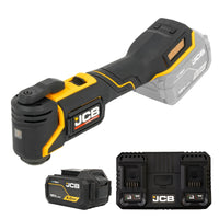 Multinarzędzie JCB 18V ujęcie pod skosem oraz osobno akumulator 5.0Ah i podwójna szybka ładowarka
