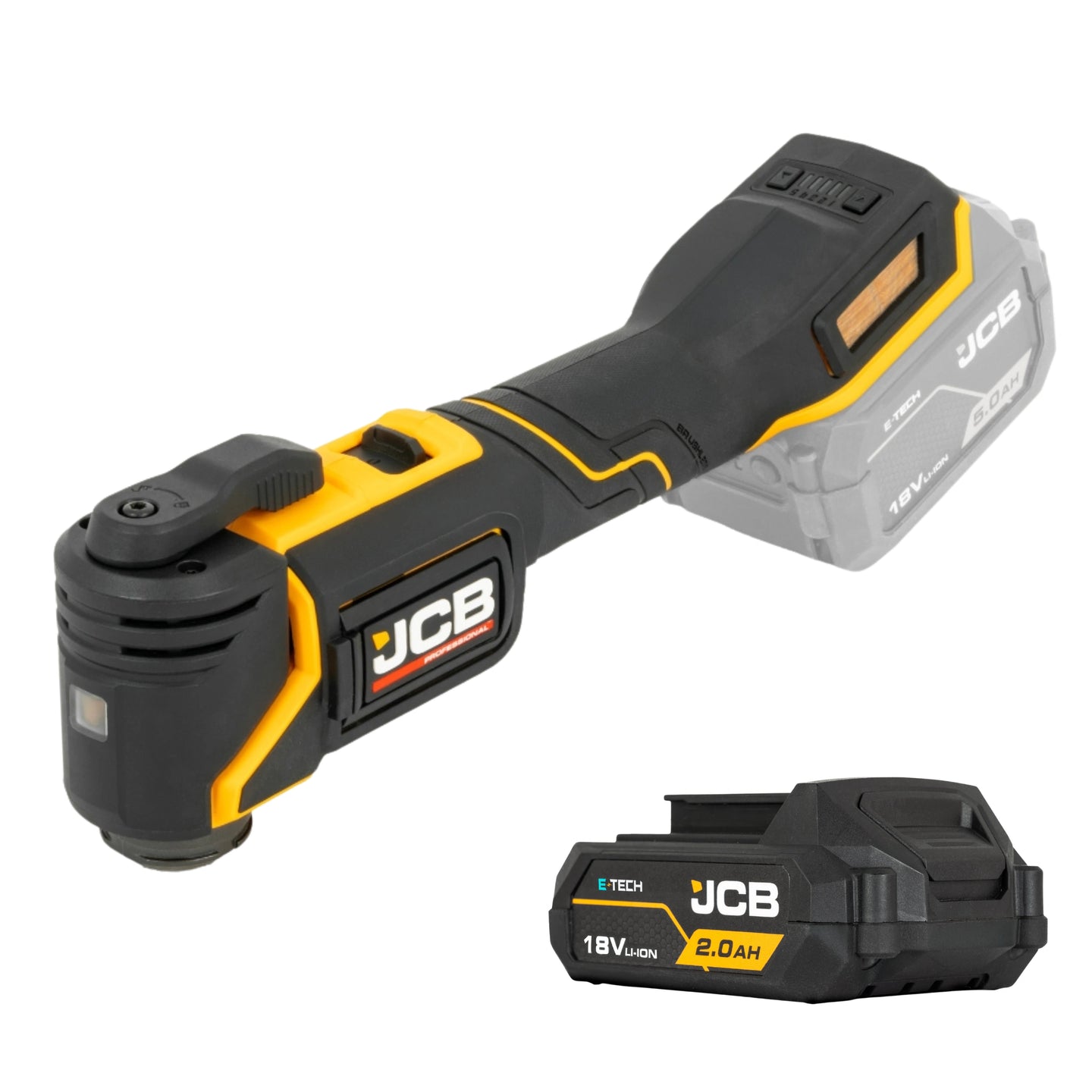 Żółto‑czarny multitool JCB z widocznym logo i baterią 18V 2.0Ah obok.