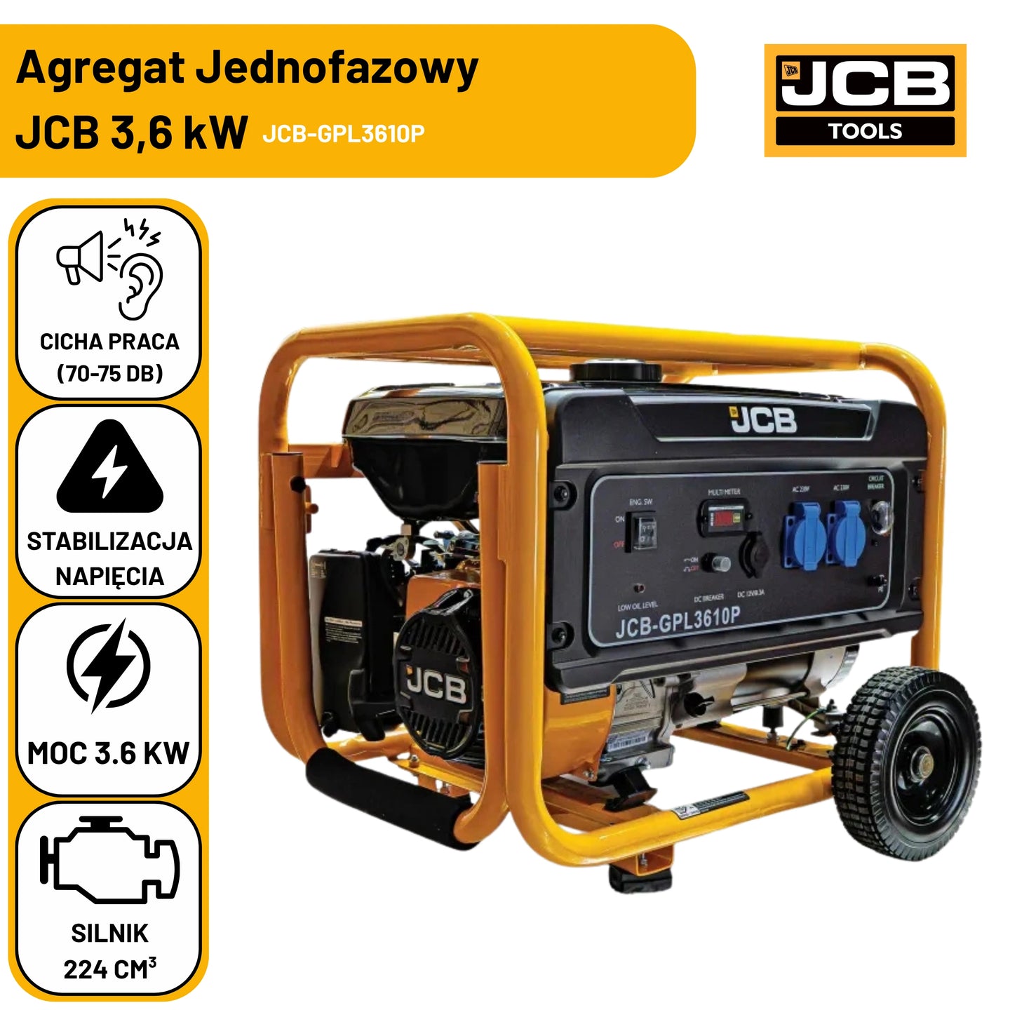 Infografika agregatu prądotwórczego JCB GPL3610P 3,6 kW: cicha praca 70–75 dB, stabilizacja napięcia AVR, silnik 224 cm³ – agregat jednofazowy