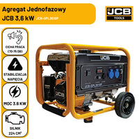 Infografika agregatu prądotwórczego JCB GPL3610P 3,6 kW: cicha praca 70–75 dB, stabilizacja napięcia AVR, silnik 224 cm³ – agregat jednofazowy