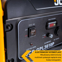 Panel sterowania z przełącznikiem do agregatu prądotwórczego JCB GPL3610P 3,6 kW z etykietą wbudowany elektroniczny multimetr pokazuje napięcie oraz liczbę motogodzin