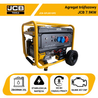 Agregat trójfazowy JCB GPL8010PE 7,9 kW zbiornik 25 l stabilizacja napięcia AVR do 8 godzin ciągłej pracy silnik 457 cm³ etykieta Agregat trójfazowy JCB 7.9KW