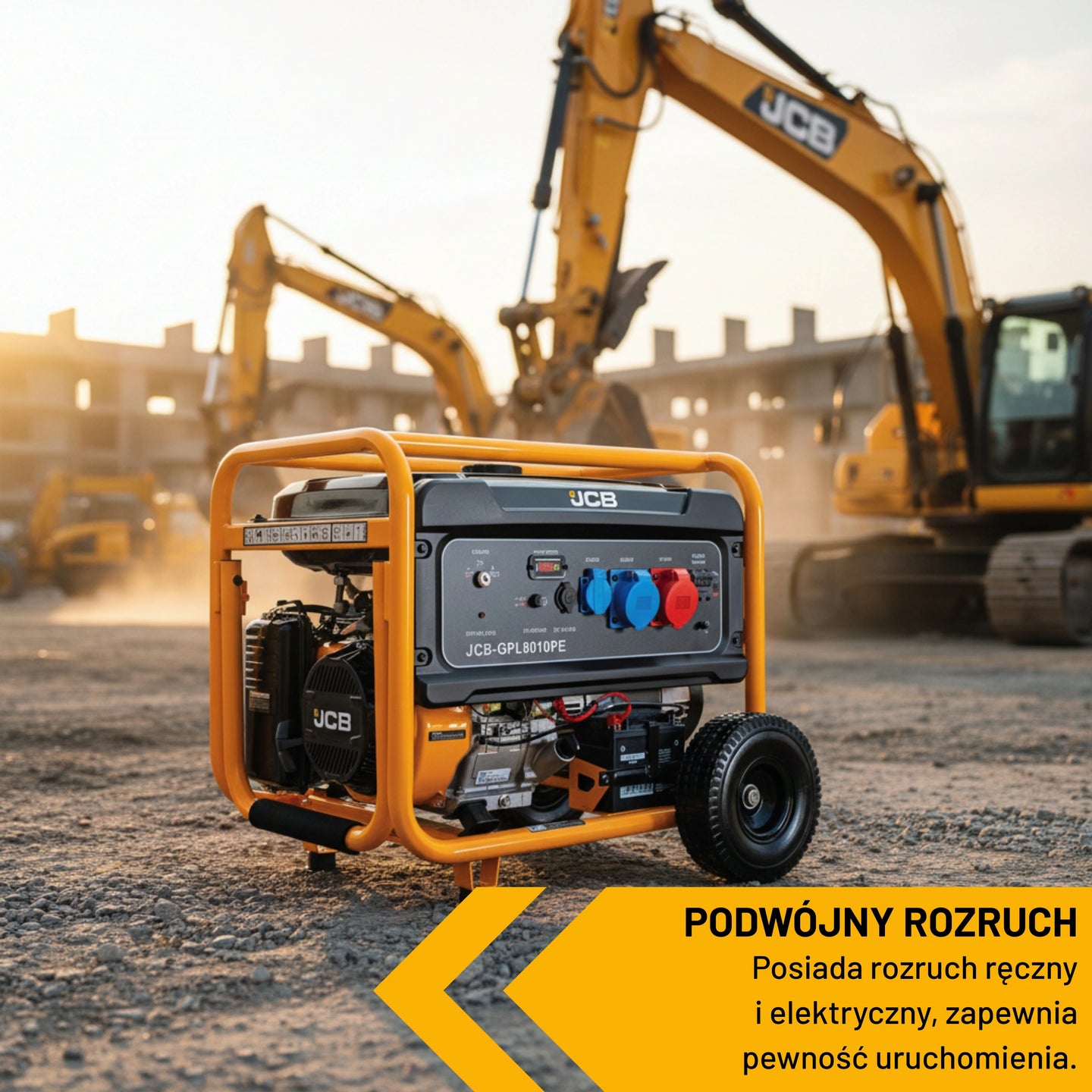 gregat prądotwórczy rozruch elektryczny JCB GPL8010PE na placu budowy z koparką JCB w tle etykieta Podwójny Rozruch Posiada rozruch ręczny i elektryczny zapewnia pewność uruchomienia
