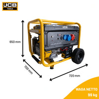 Agregat elektryczny JCB GPL8010PE wymiary wysokość 650 mm głębokość 700 mm szerokość 720 mm etykieta Waga Netto 99 kg