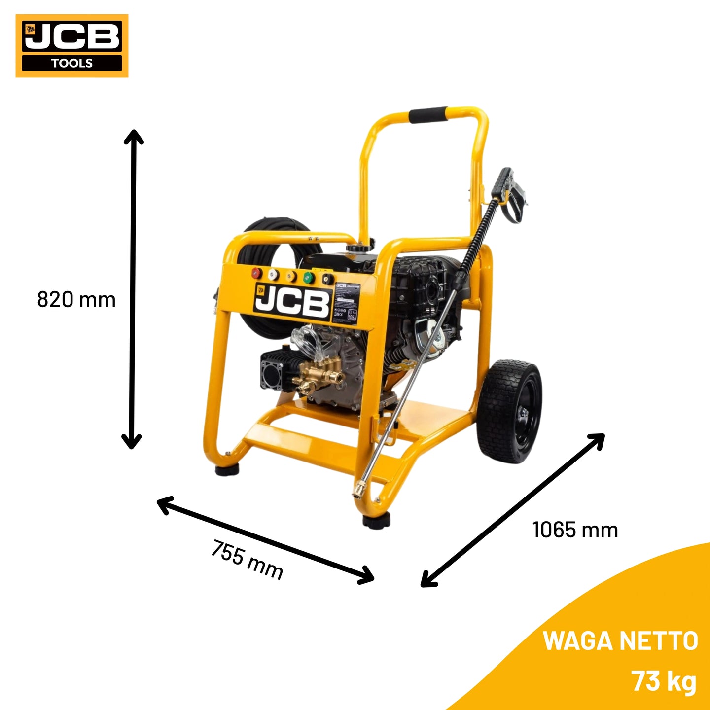 Myjka ciśnieniowa JCB PW15040PP24 wymiary wysokość 820 mm szerokość 755 mm długość 1065 mm waga netto 73 kg