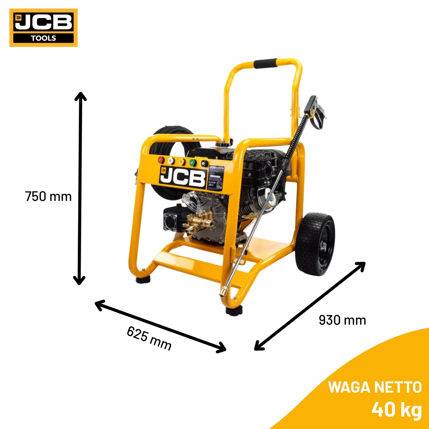 Myjka ciśnieniowa JCB PW7532P24 wymiary wysokość 750 mm szerokość 625 mm długość 930 mm etykieta waga netto 69 kg