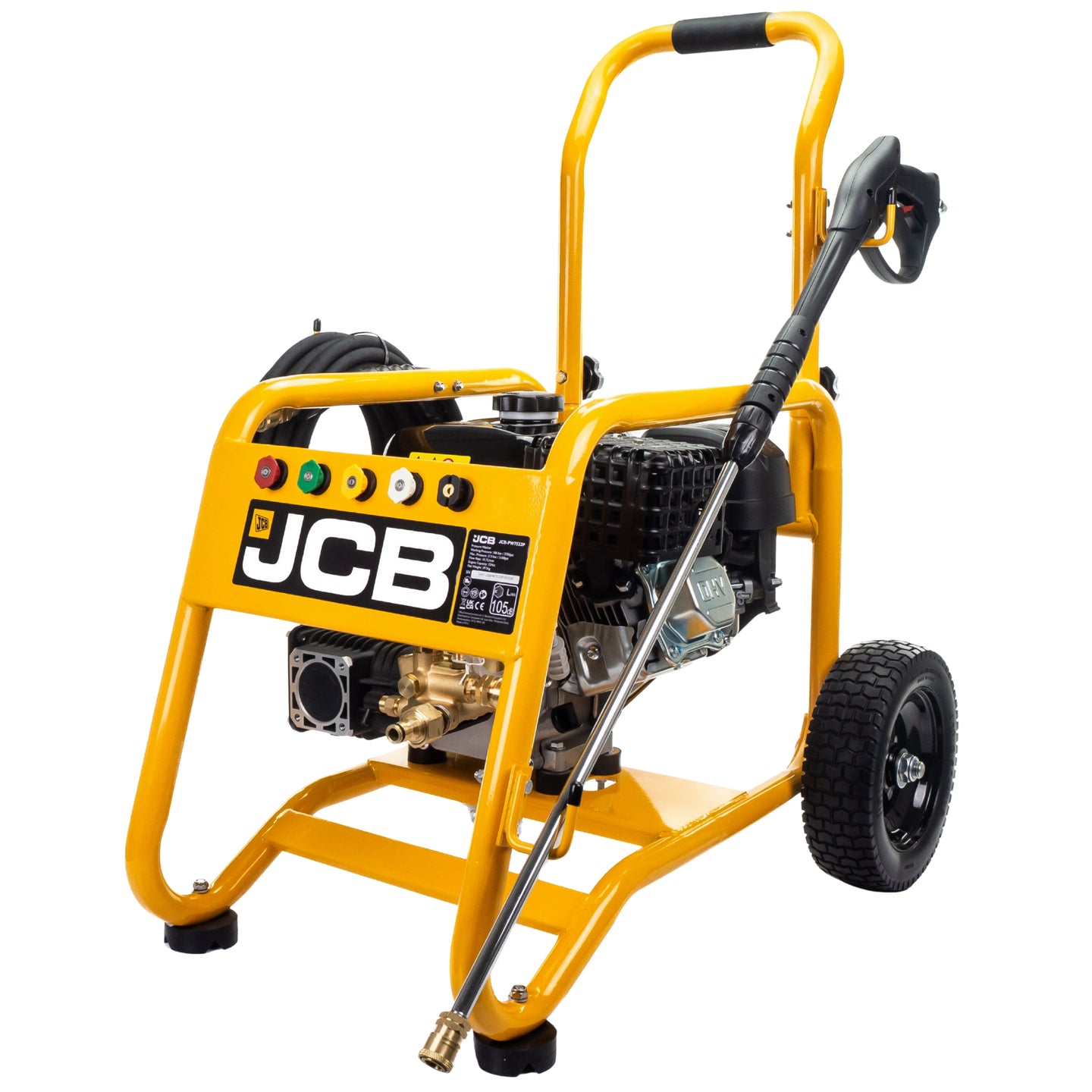 Myjka ciśnieniowa spalinowa JCB PW7532P24 ujęcie front żółta rama z dużym silnikiem i pompą mosiężną annovi reverberi rączka do transportu oraz lanca oparta o konstrukcję