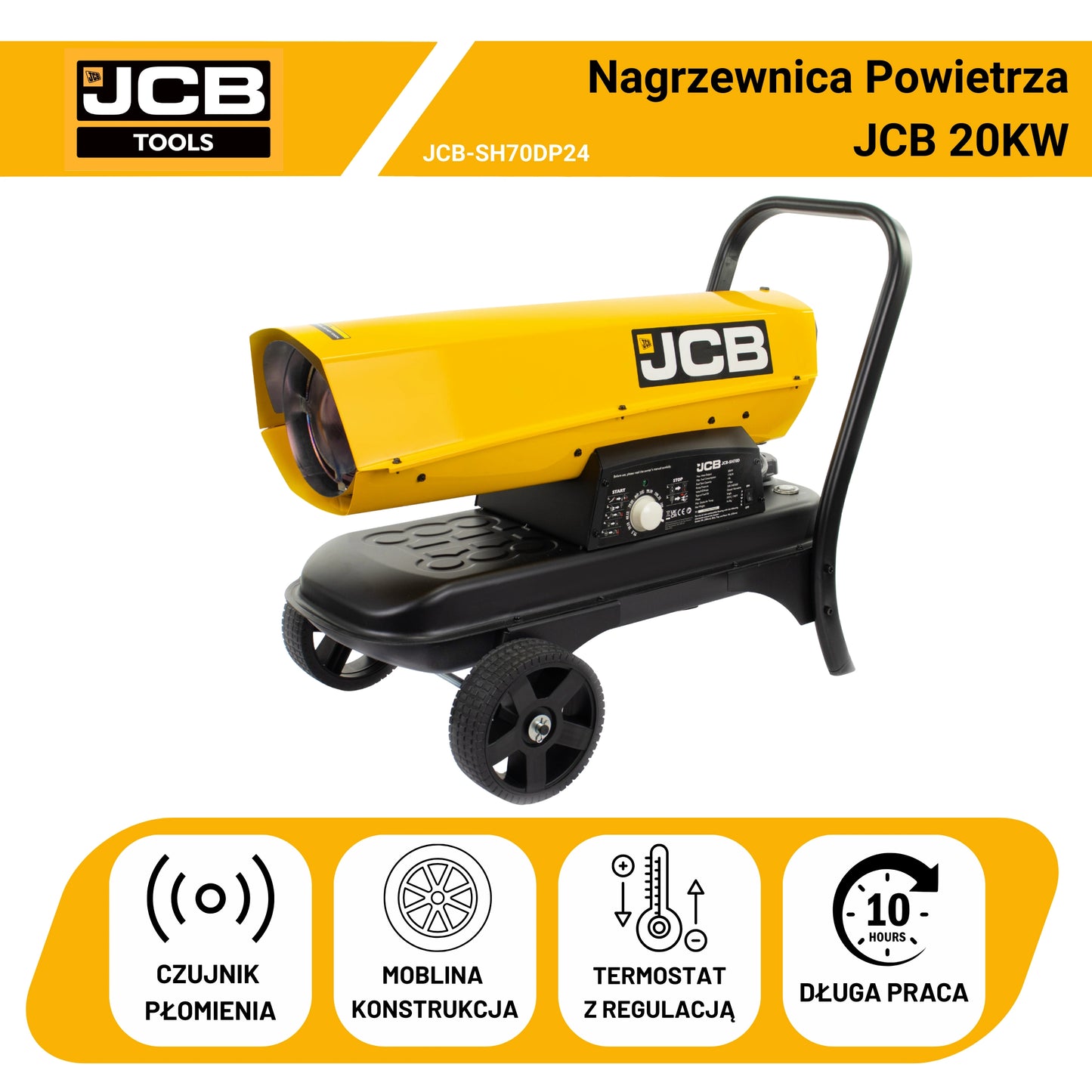 Infografika nagrzewnicy JCB 20kW z ikonami mocy i mobilności