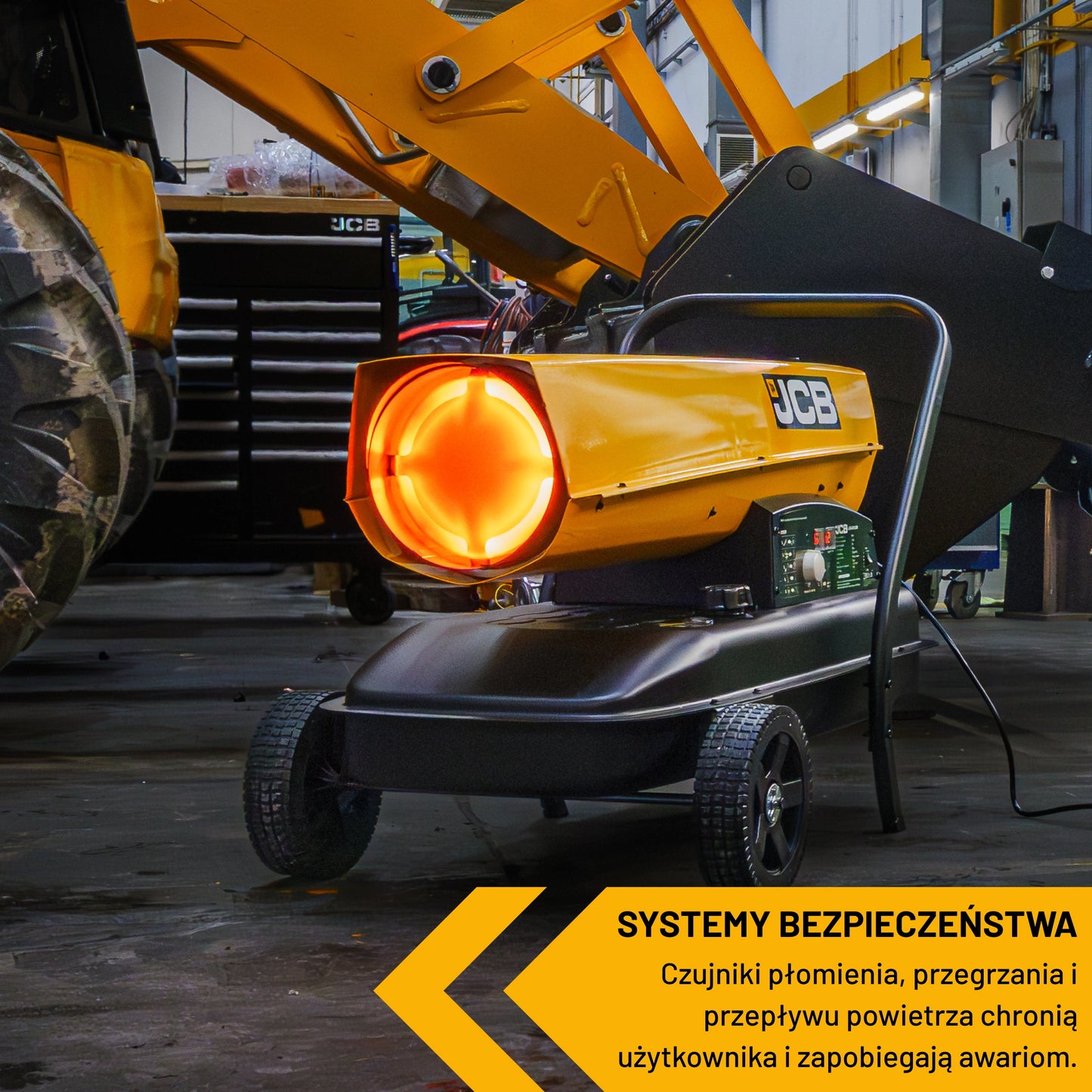 Pracująca nagrzewnica JCB 20kW z żarzącym wylotem