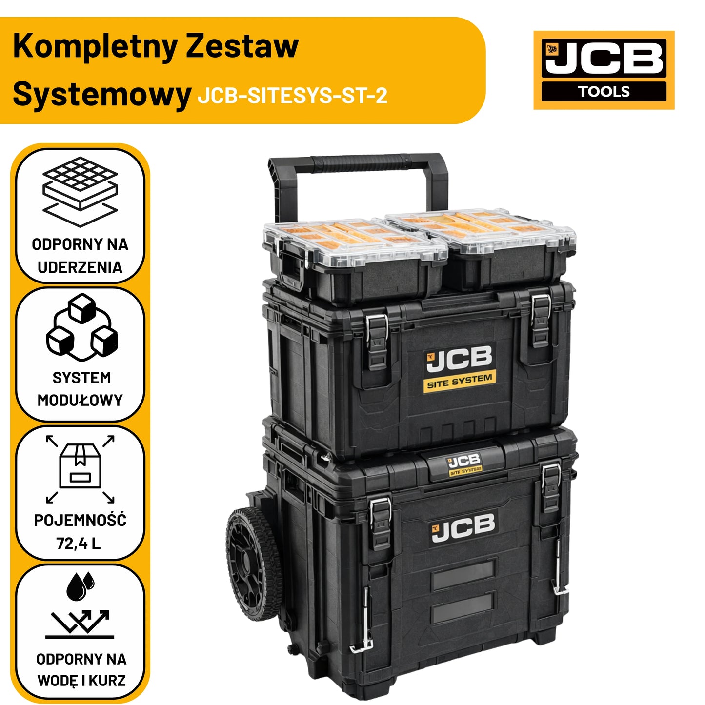 Zestaw skrzyń JCB Site System z piktogramami udaroodporny polipropylen pojemność 72,4 l i ochrona IP65