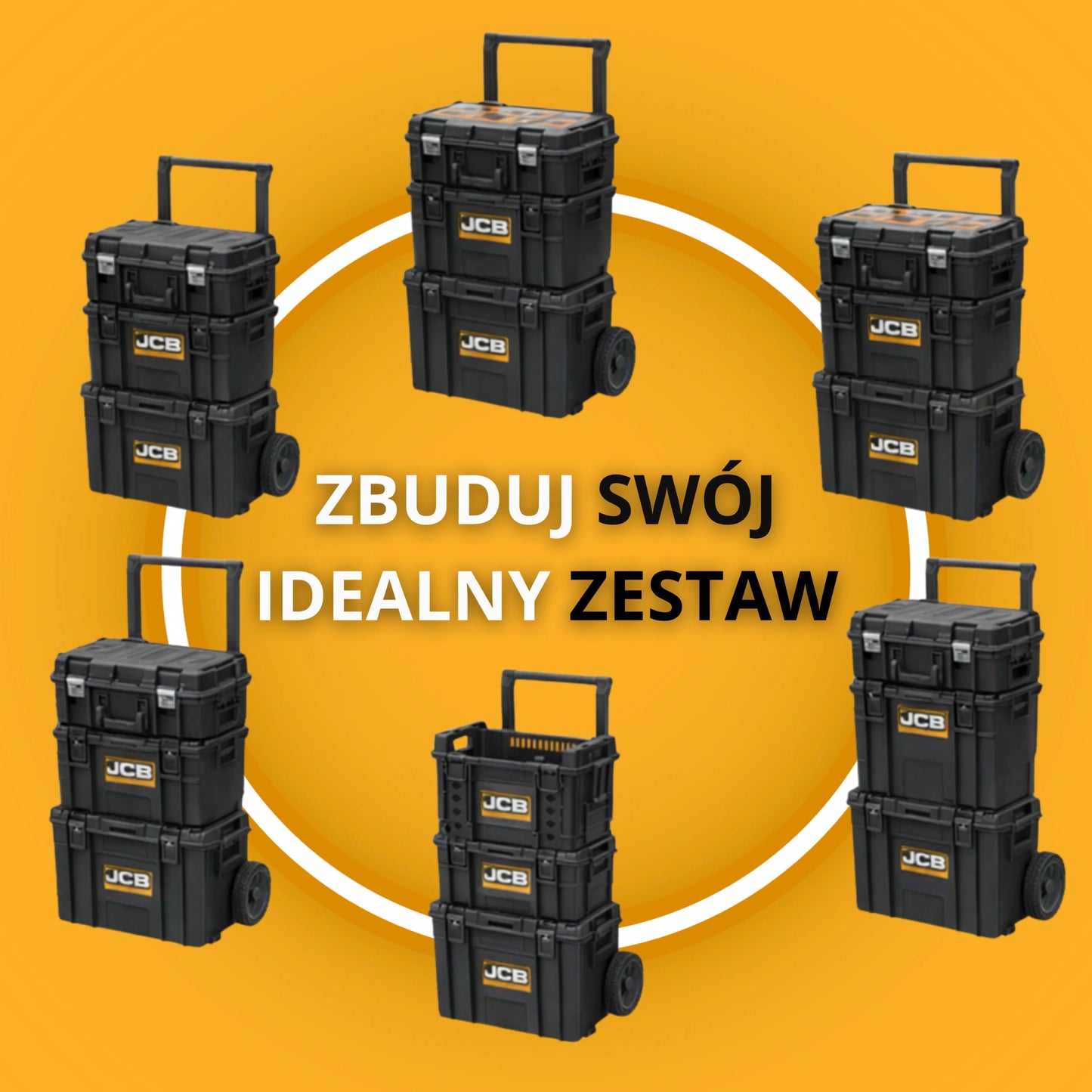 Ikonografika różnych konfiguracji skrzyń JCB Site System tekst zbuduj swój idealny zestaw
