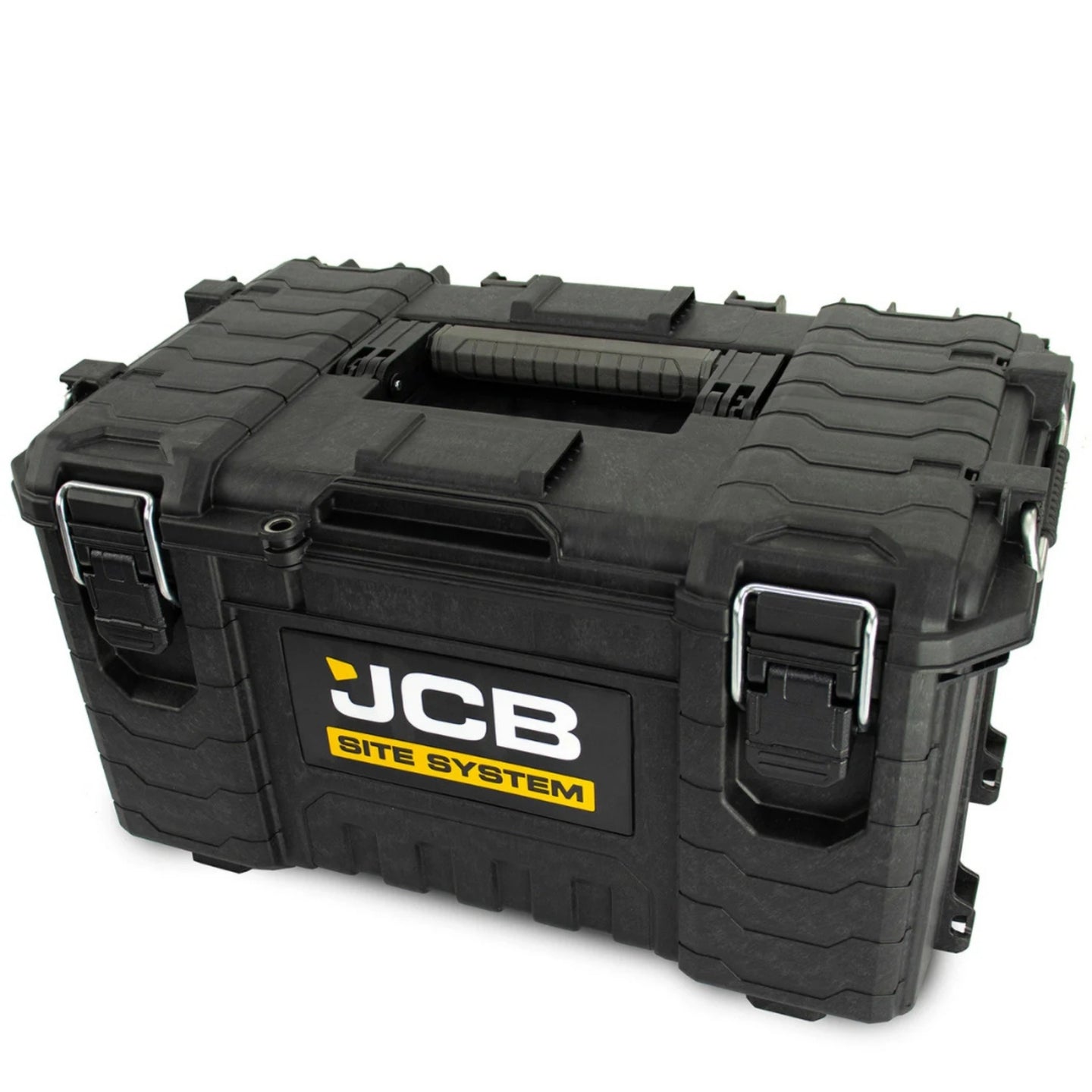 Zamknięta skrzynia JCB Site System z metalowymi zatrzaskami i górnym uchwytem transportowym
